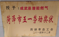 成武县yl34511线路中心燃气有限公司获得2014年度“菏泽市五一劳动奖状”及“菏泽市学习型组织标兵单位”称号